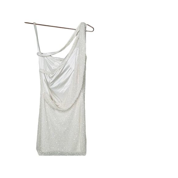 MAC DUGGAL White Sequined One Shoulder Low Back Draped Mini Dress Size 8 - Picture 5 of 13
